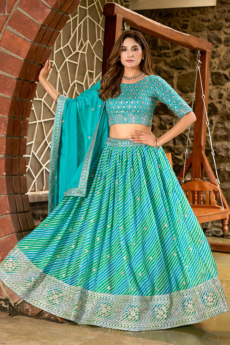 Monjolika Fashion Turquoise Leheriya Print With Embroidered Faux Georgette Lehenga Choli - Distacart
