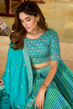 Monjolika Fashion Turquoise Leheriya Print With Embroidered Faux Georgette Lehenga Choli - Distacart