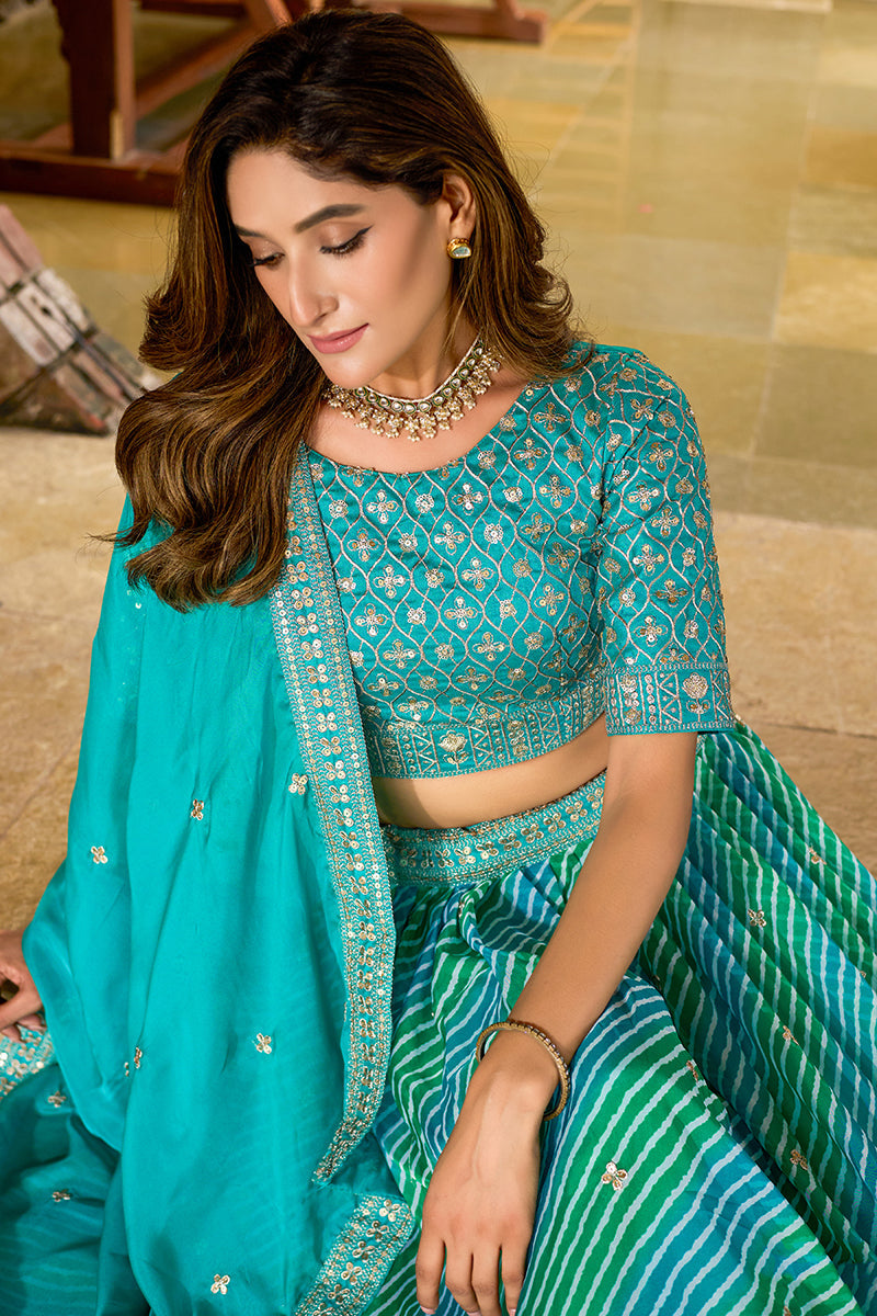 Monjolika Fashion Turquoise Leheriya Print With Embroidered Faux Georgette Lehenga Choli - Distacart