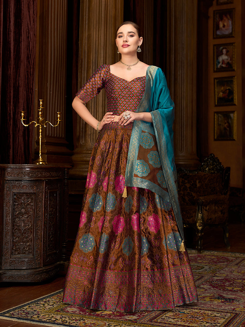 Monjolika Fashion Brown Color Kanjivaram Silk Jacquard Designer Lehenga Choli - Distacart