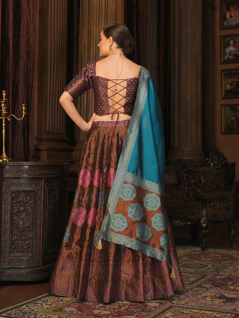 Monjolika Fashion Brown Color Kanjivaram Silk Jacquard Designer Lehenga Choli - Distacart