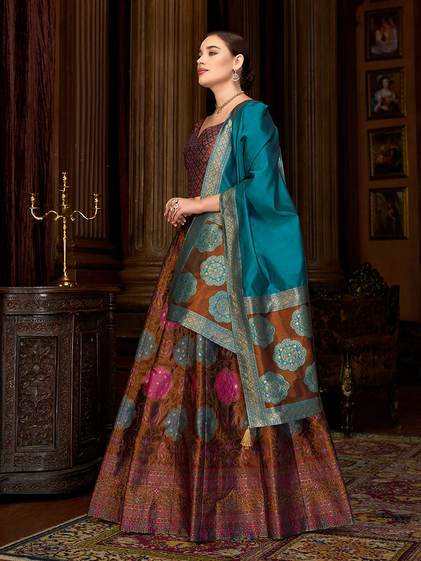 Monjolika Fashion Brown Color Kanjivaram Silk Jacquard Designer Lehenga Choli - Distacart