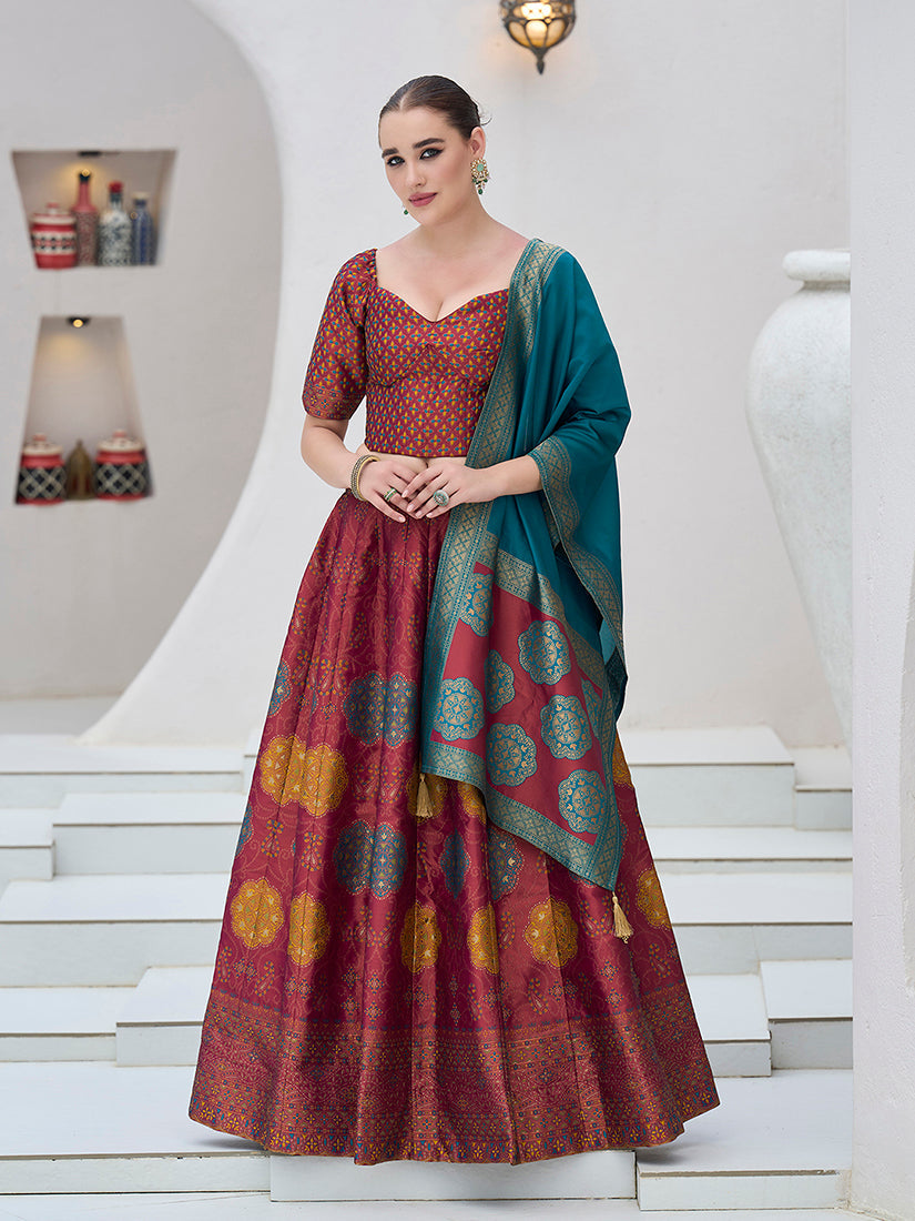 Monjolika Fashion Maroon Color Kanjivaram Silk Jacquard Designer Lehenga Choli - Distacart