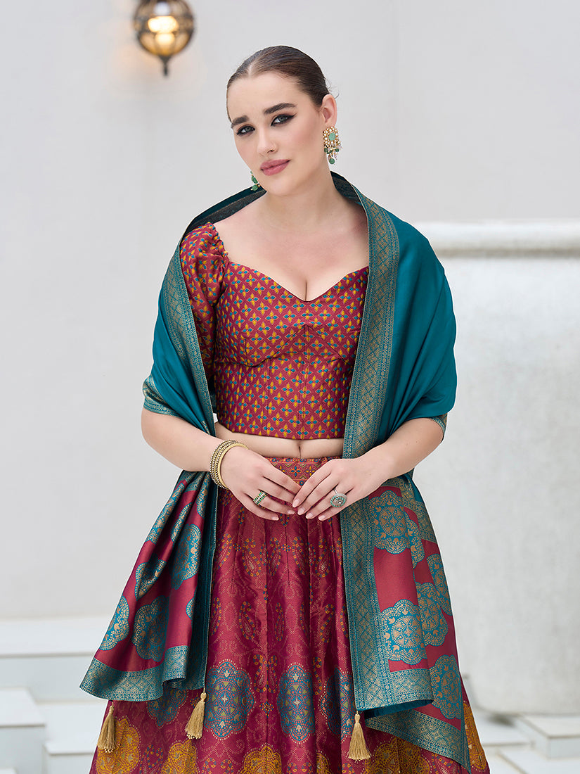 Monjolika Fashion Maroon Color Kanjivaram Silk Jacquard Designer Lehenga Choli - Distacart
