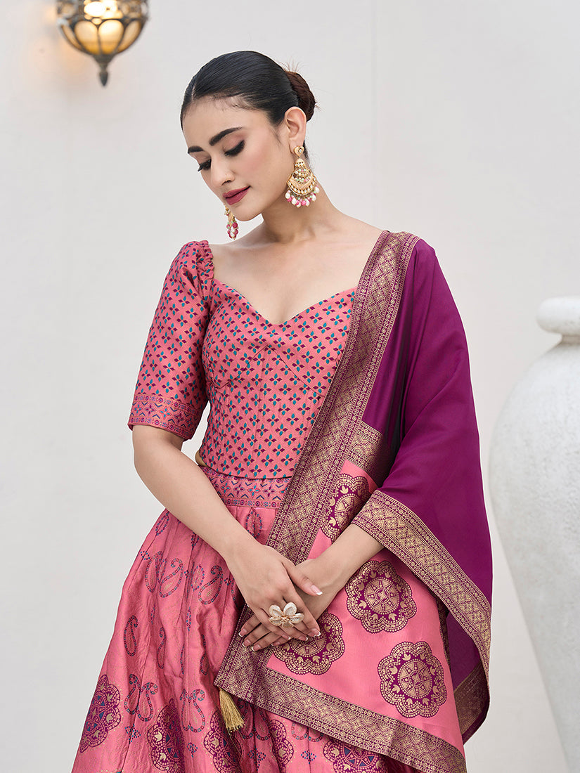 Monjolika Fashion Pink Color Kanjivaram Silk Jacquard Designer Lehenga Choli - Distacart