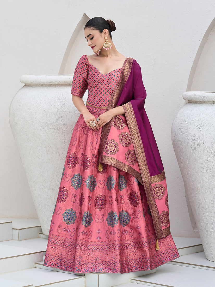 Monjolika Fashion Pink Color Kanjivaram Silk Jacquard Designer Lehenga Choli - Distacart