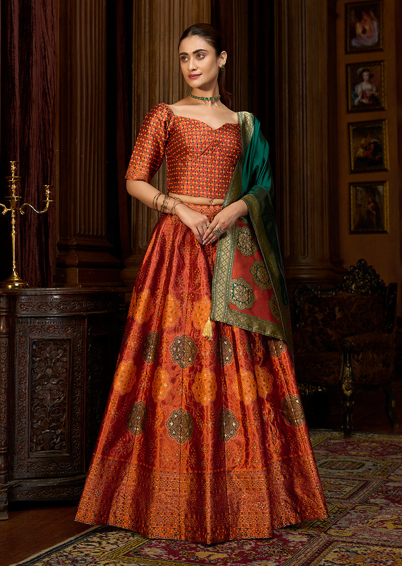 Monjolika Fashion Rust Color Kanjivaram Silk Jacquard Designer Lehenga Choli - Distacart