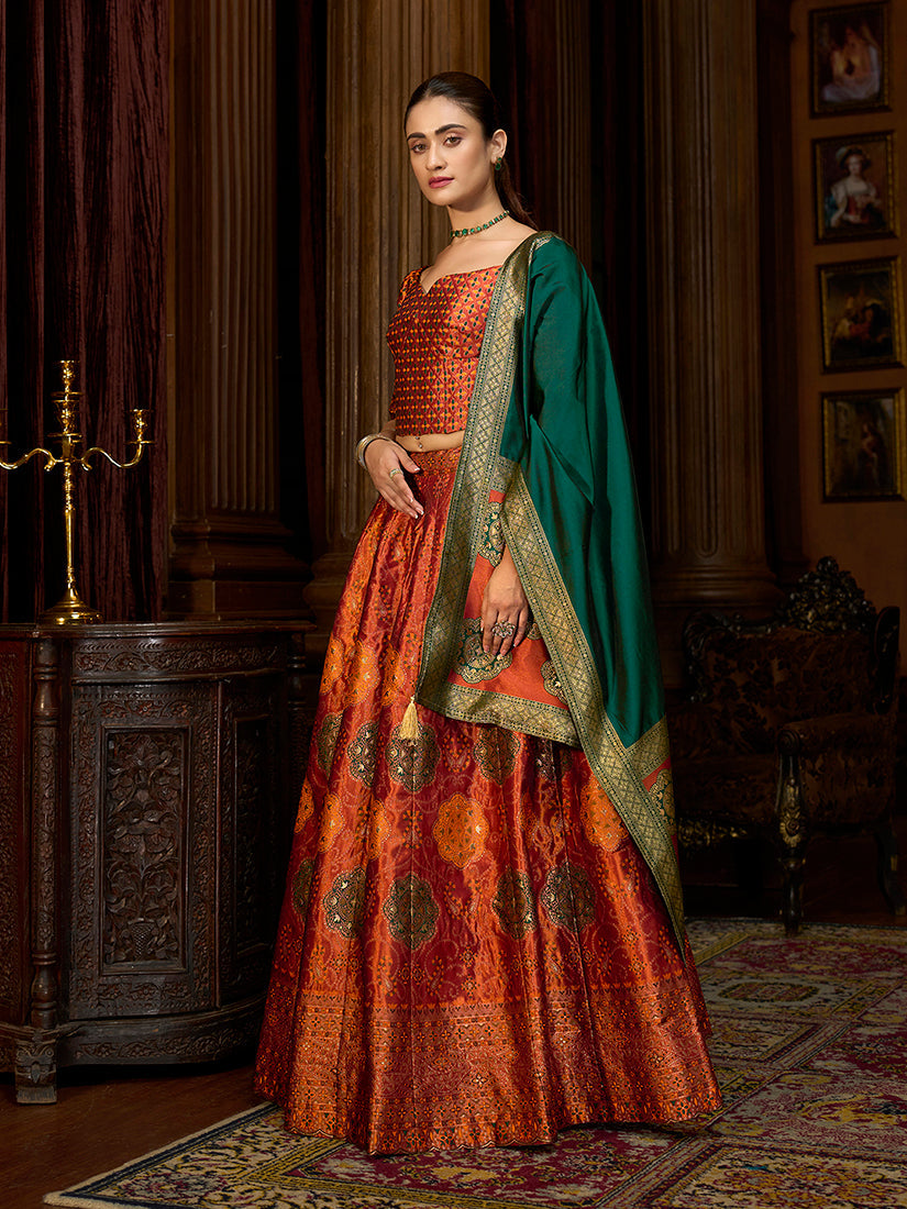 Monjolika Fashion Rust Color Kanjivaram Silk Jacquard Designer Lehenga Choli - Distacart