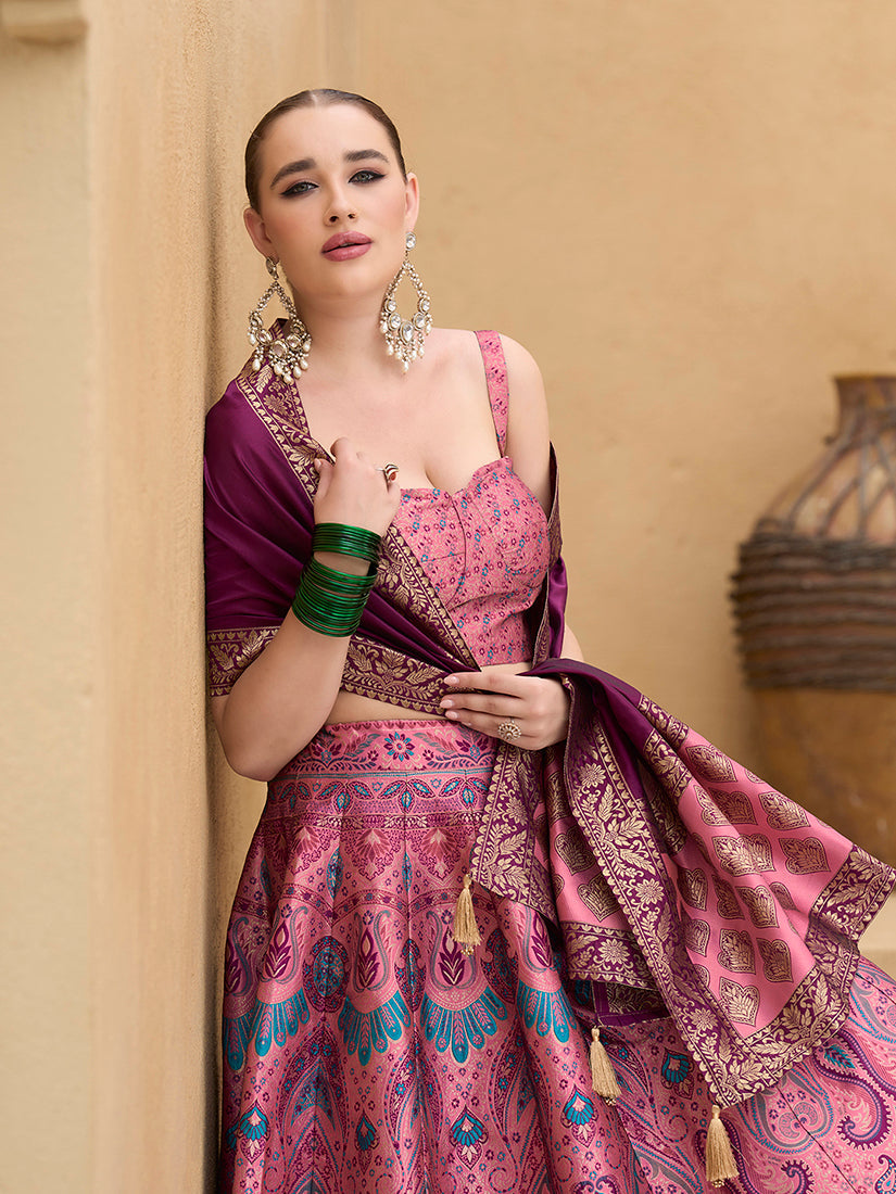 Monjolika Fashion Thread Work Jacquard Silk In Pink Lehenga Choli - Distacart
