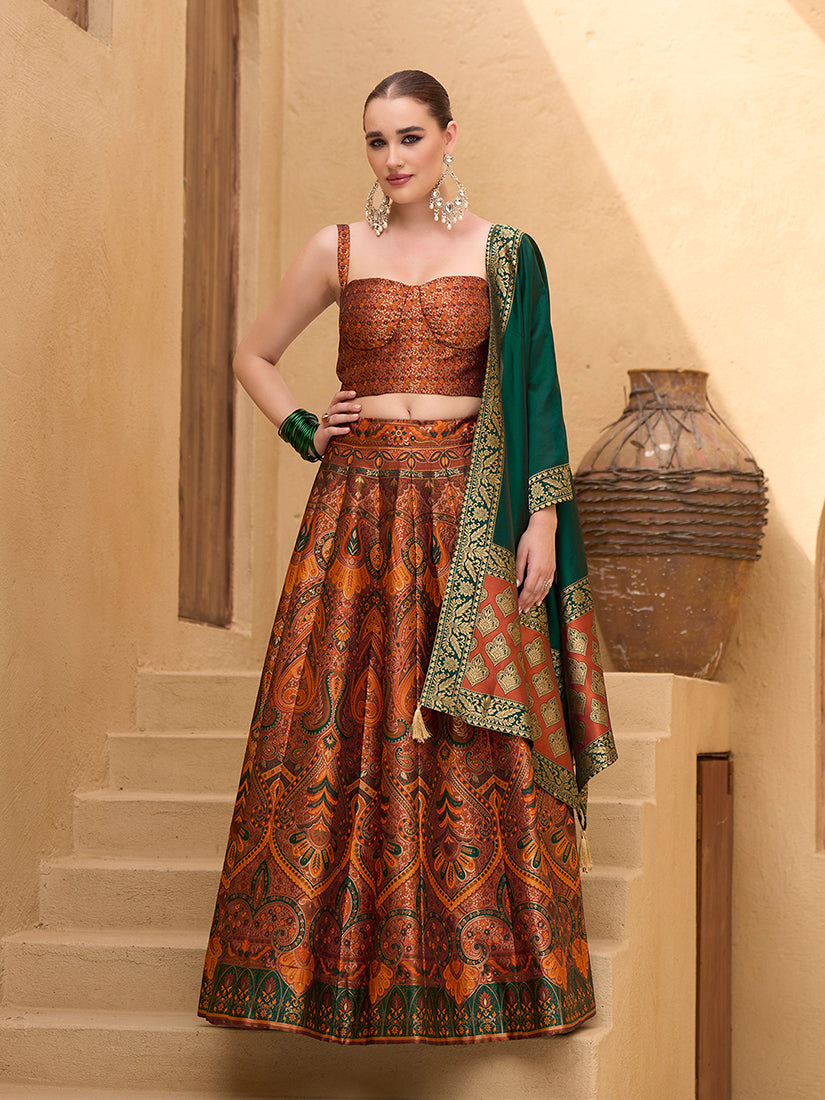 Monjolika Fashion Thread Work Jacquard Silk In Rust Orange Lehenga Choli - Distacart