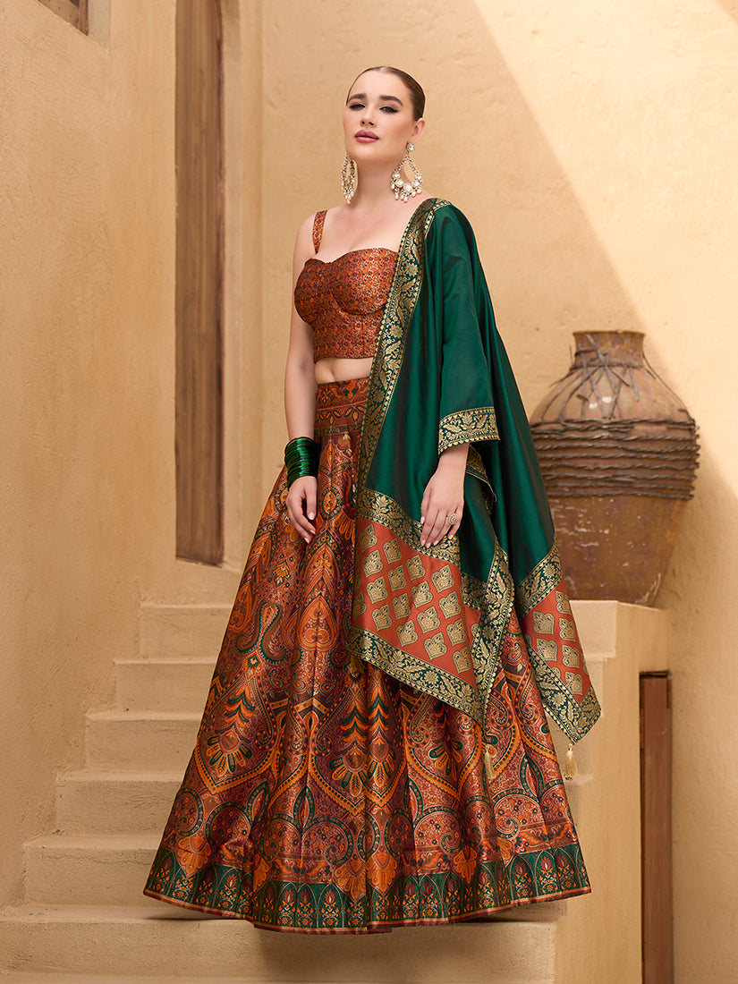 Monjolika Fashion Thread Work Jacquard Silk In Rust Orange Lehenga Choli - Distacart
