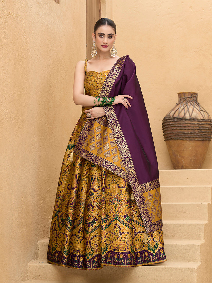 Monjolika Fashion Thread Work Jacquard Silk In Yellow Lehenga Choli - Distacart