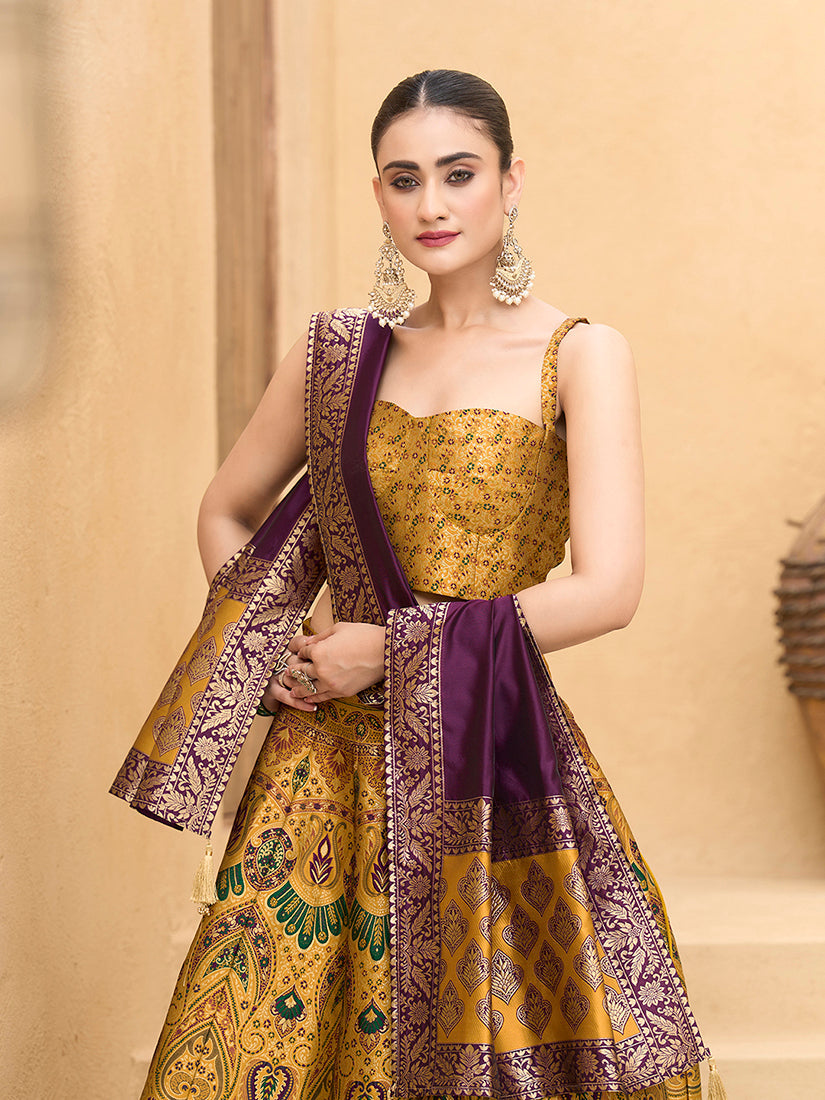 Monjolika Fashion Thread Work Jacquard Silk In Yellow Lehenga Choli - Distacart