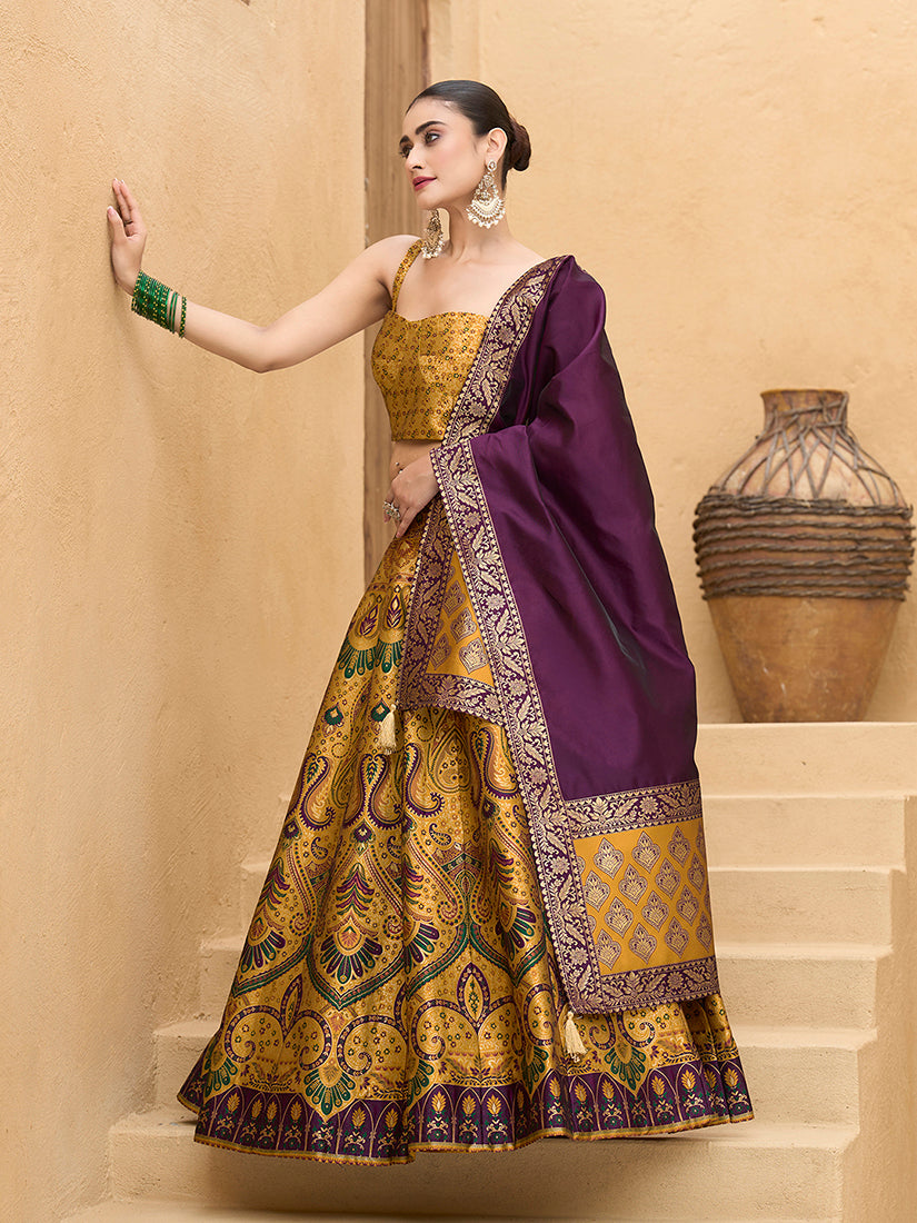 Monjolika Fashion Thread Work Jacquard Silk In Yellow Lehenga Choli - Distacart