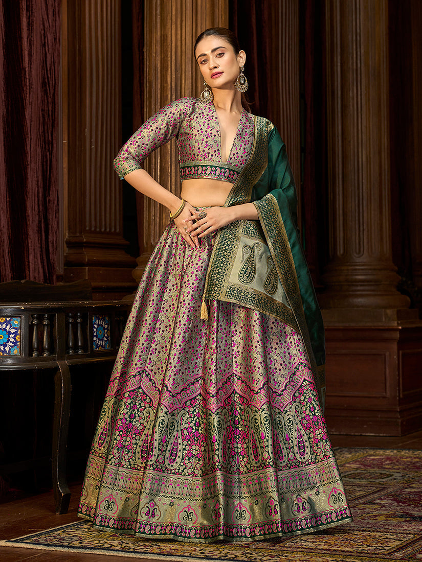 Monjolika Fashion Sea Green Trendy Kanjivaram Jacquard Woven Work Lehenga Choli - Distacart