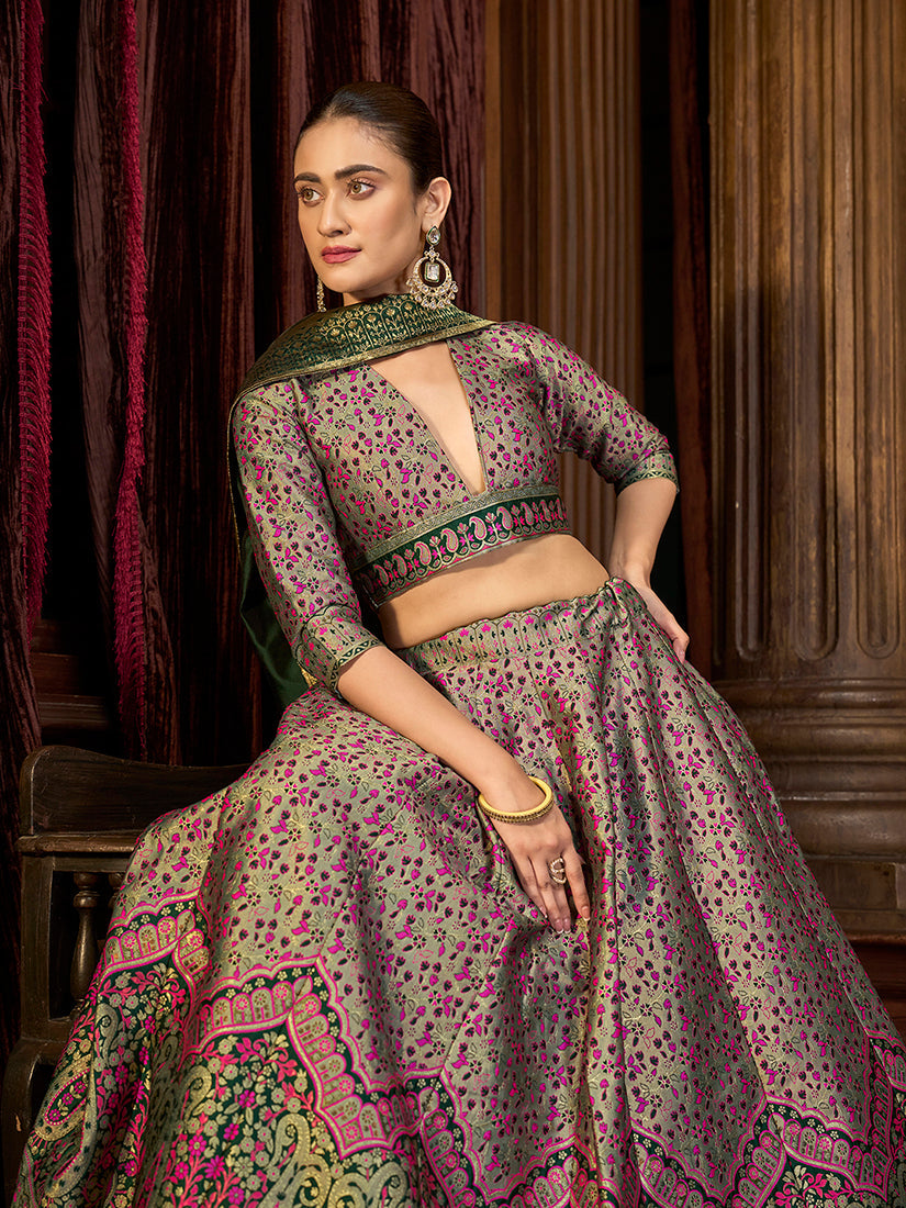 Monjolika Fashion Sea Green Trendy Kanjivaram Jacquard Woven Work Lehenga Choli - Distacart