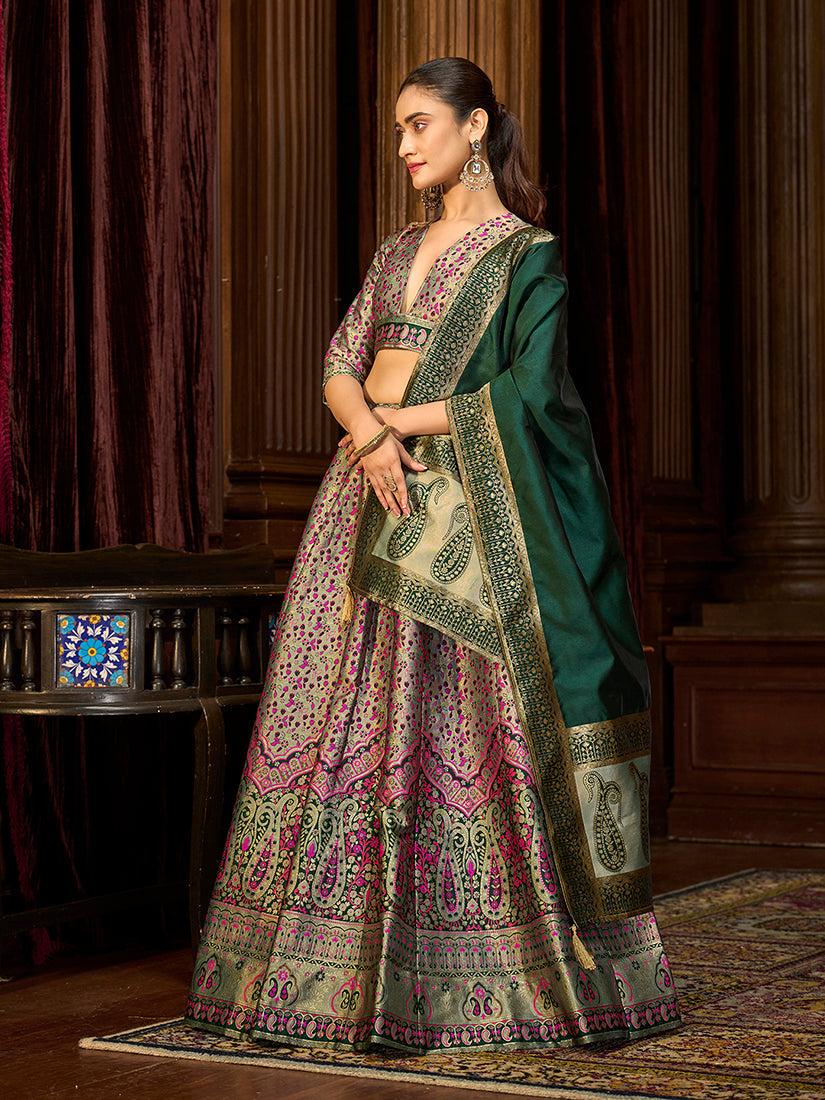 Monjolika Fashion Sea Green Trendy Kanjivaram Jacquard Woven Work Lehenga Choli - Distacart