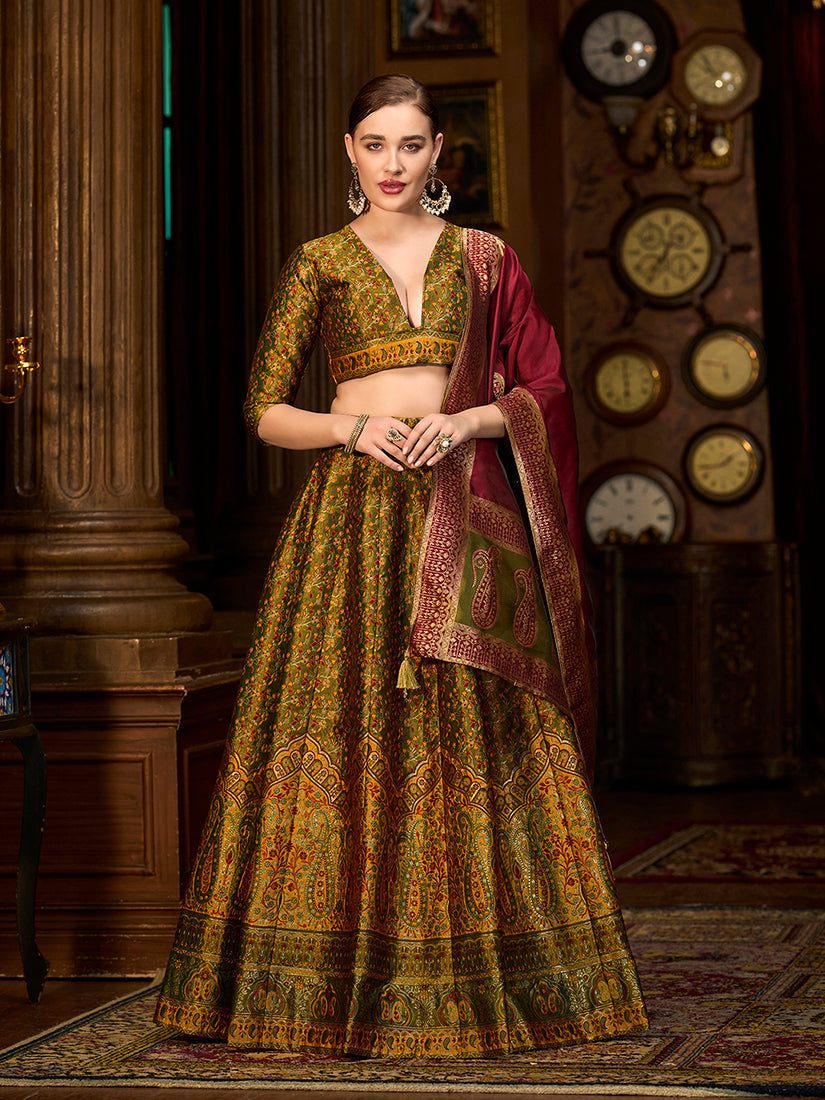Monjolika Fashion Olive Green Trendy Kanjivaram Jacquard Woven Work Lehenga Choli - Distacart