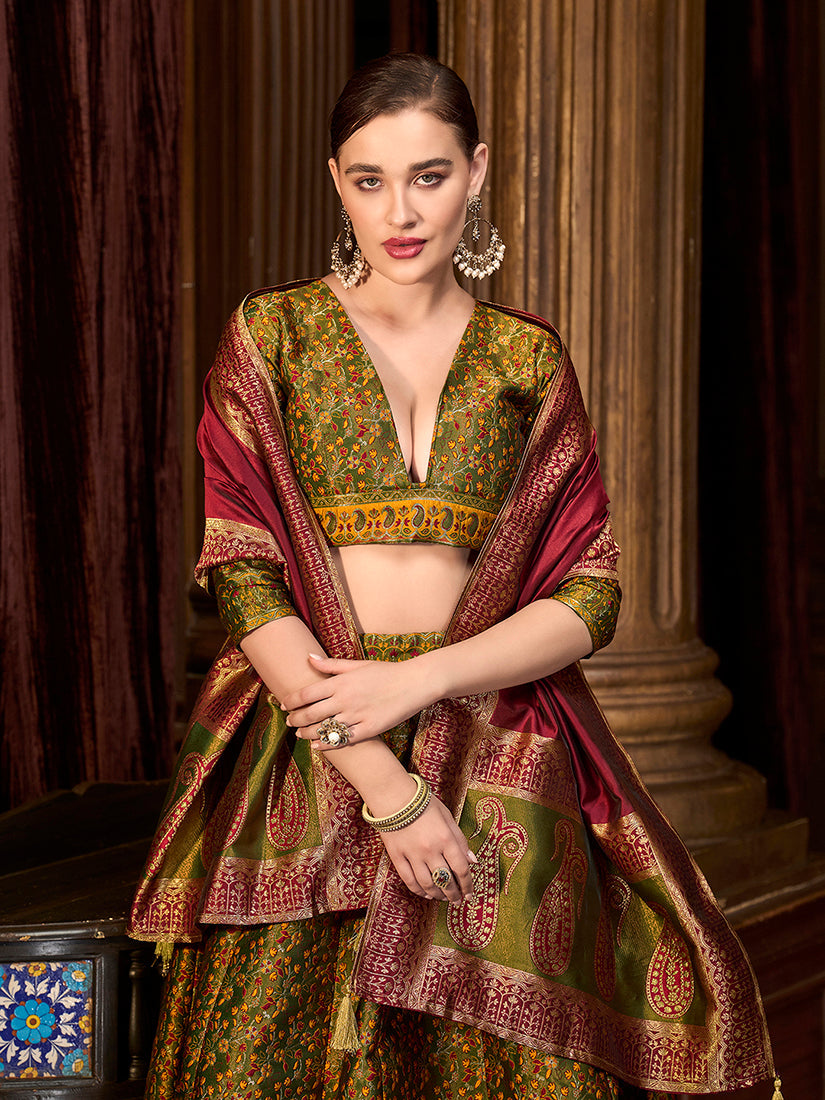 Monjolika Fashion Olive Green Trendy Kanjivaram Jacquard Woven Work Lehenga Choli - Distacart