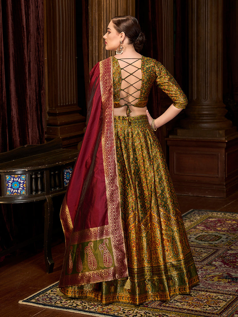 Monjolika Fashion Olive Green Trendy Kanjivaram Jacquard Woven Work Lehenga Choli - Distacart