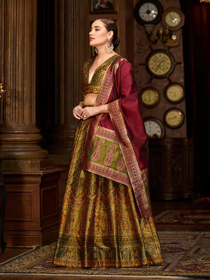 Monjolika Fashion Olive Green Trendy Kanjivaram Jacquard Woven Work Lehenga Choli - Distacart