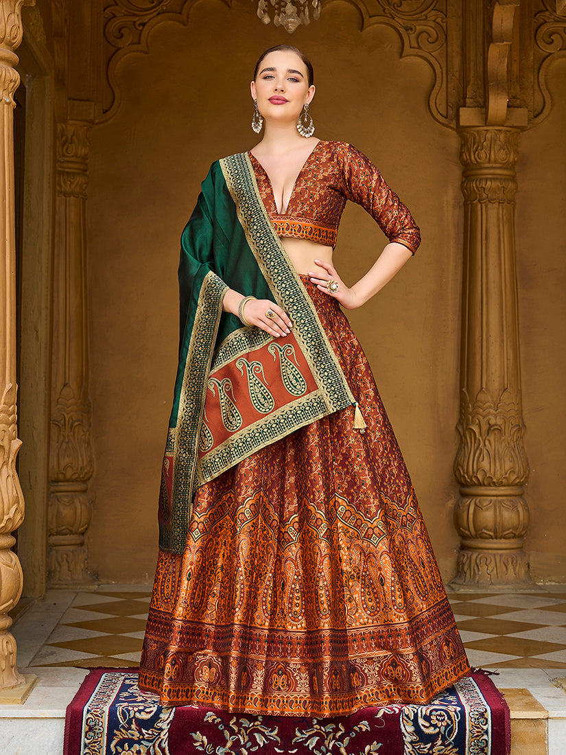 Monjolika Fashion Rust Orange Trendy Kanjivaram Jacquard Woven Work Lehenga Choli