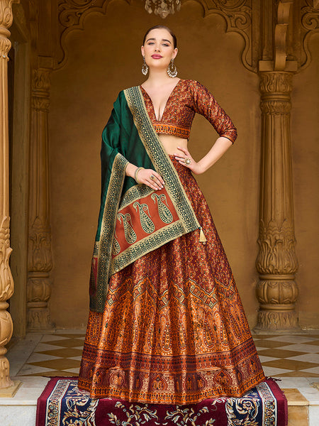 Monjolika Fashion Rust Orange Trendy Kanjivaram Jacquard Woven Work Lehenga Choli