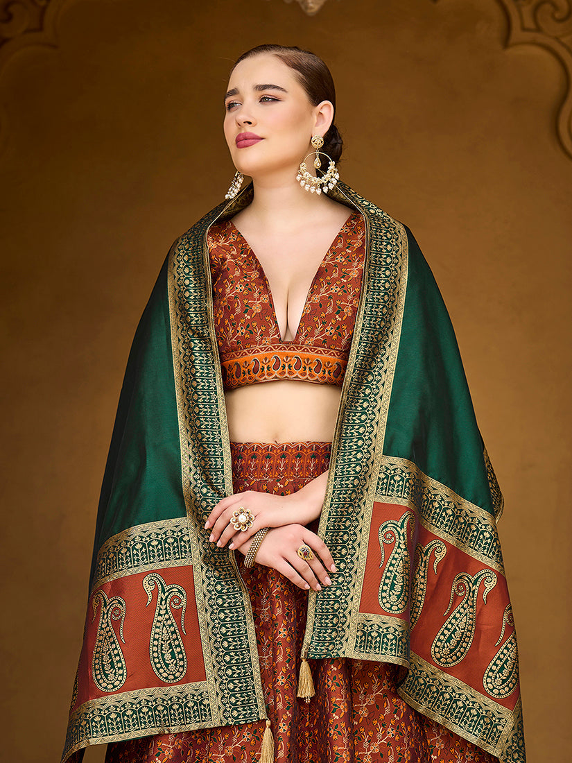 Monjolika Fashion Rust Orange Trendy Kanjivaram Jacquard Woven Work Lehenga Choli