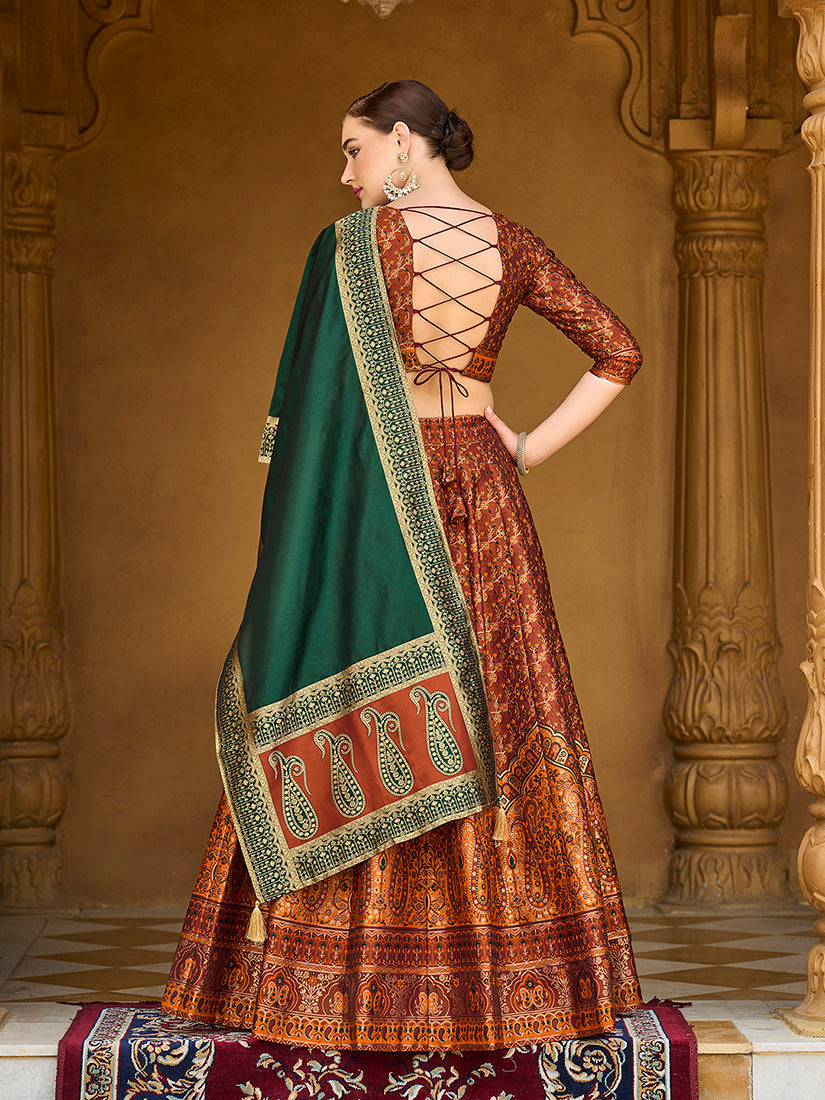 Monjolika Fashion Rust Orange Trendy Kanjivaram Jacquard Woven Work Lehenga Choli
