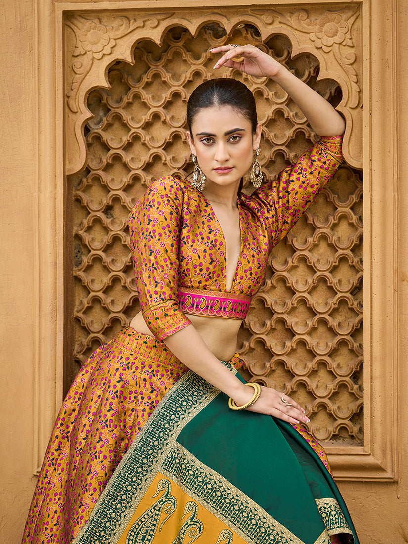 Monjolika Fashion Yellow Trendy Kanjivaram Jacquard Woven Work Lehenga Choli - Distacart
