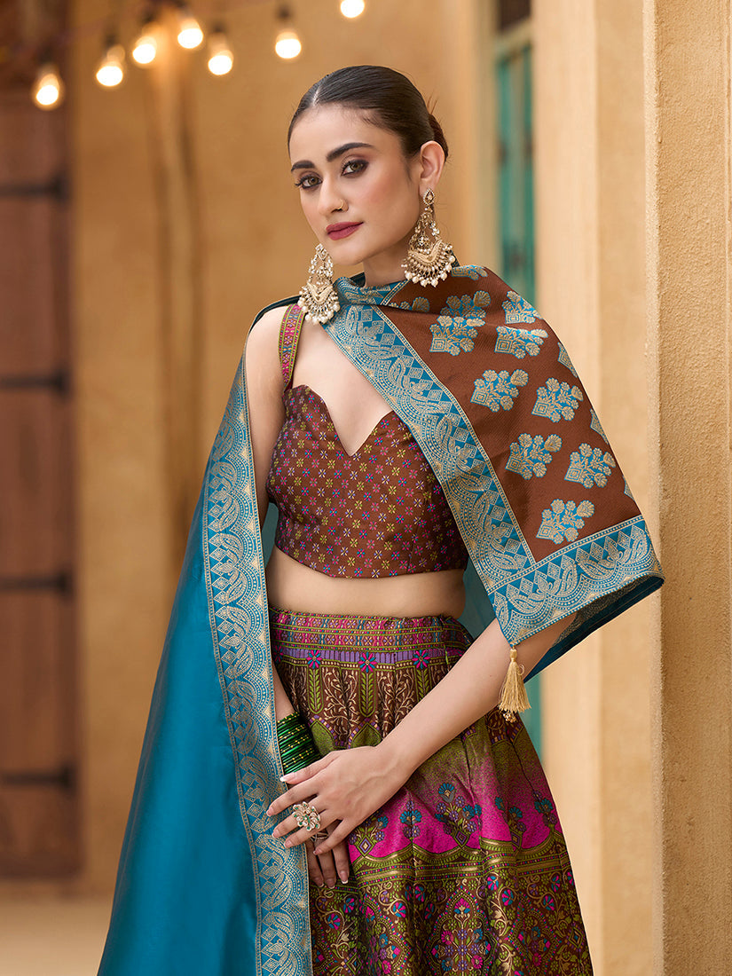 Monjolika Fashion Designer Lehenga Choli Jacquard Kanjivaram Silk In Brown - Distacart