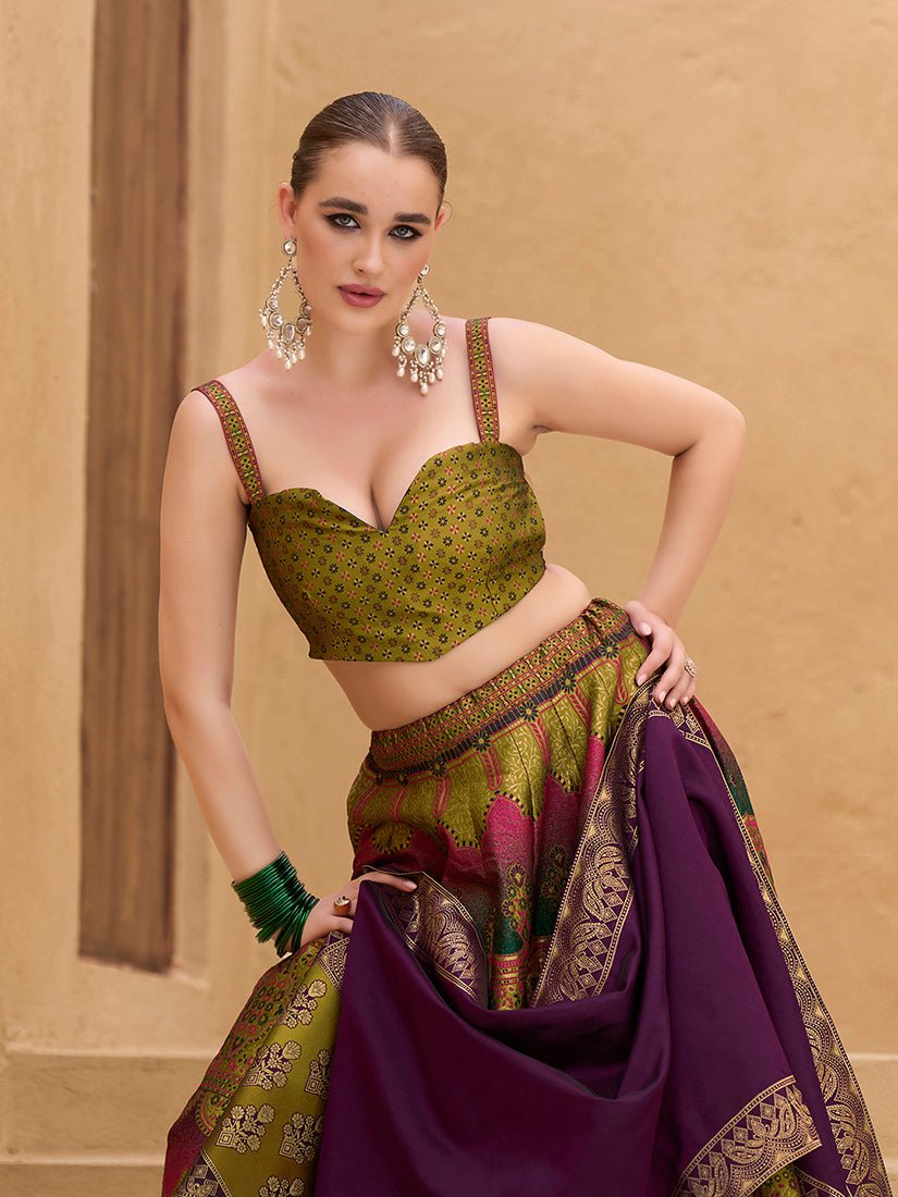 Monjolika Fashion Designer Lehenga Choli Jacquard Kanjivaram Silk In Mehendi Green - Distacart