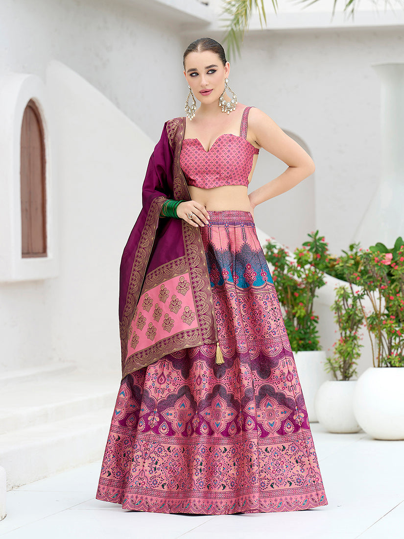 Monjolika Fashion Designer Lehenga Choli Jacquard Kanjivaram Silk In Pink - Distacart
