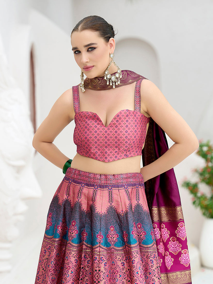 Monjolika Fashion Designer Lehenga Choli Jacquard Kanjivaram Silk In Pink - Distacart