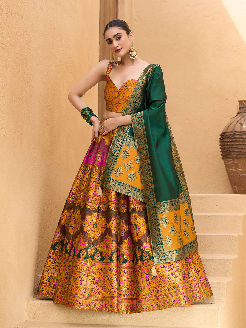 Monjolika Fashion Designer Lehenga Choli Jacquard Kanjivaram Silk In Yellow - Distacart