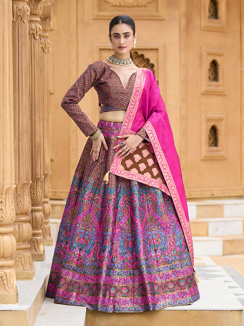Monjolika Fashion Brown Kanjivaram Jacquard Designer Lehenga Choli For Ceremonial