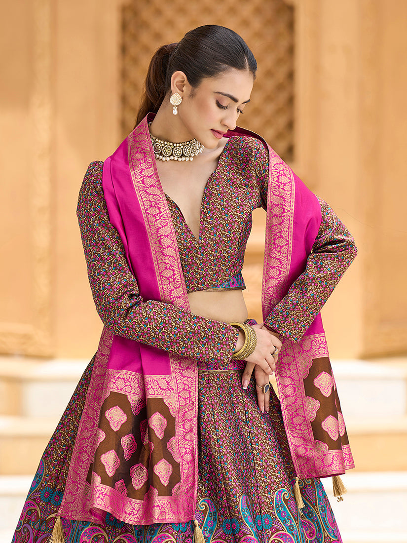 Monjolika Fashion Brown Kanjivaram Jacquard Designer Lehenga Choli For Ceremonial