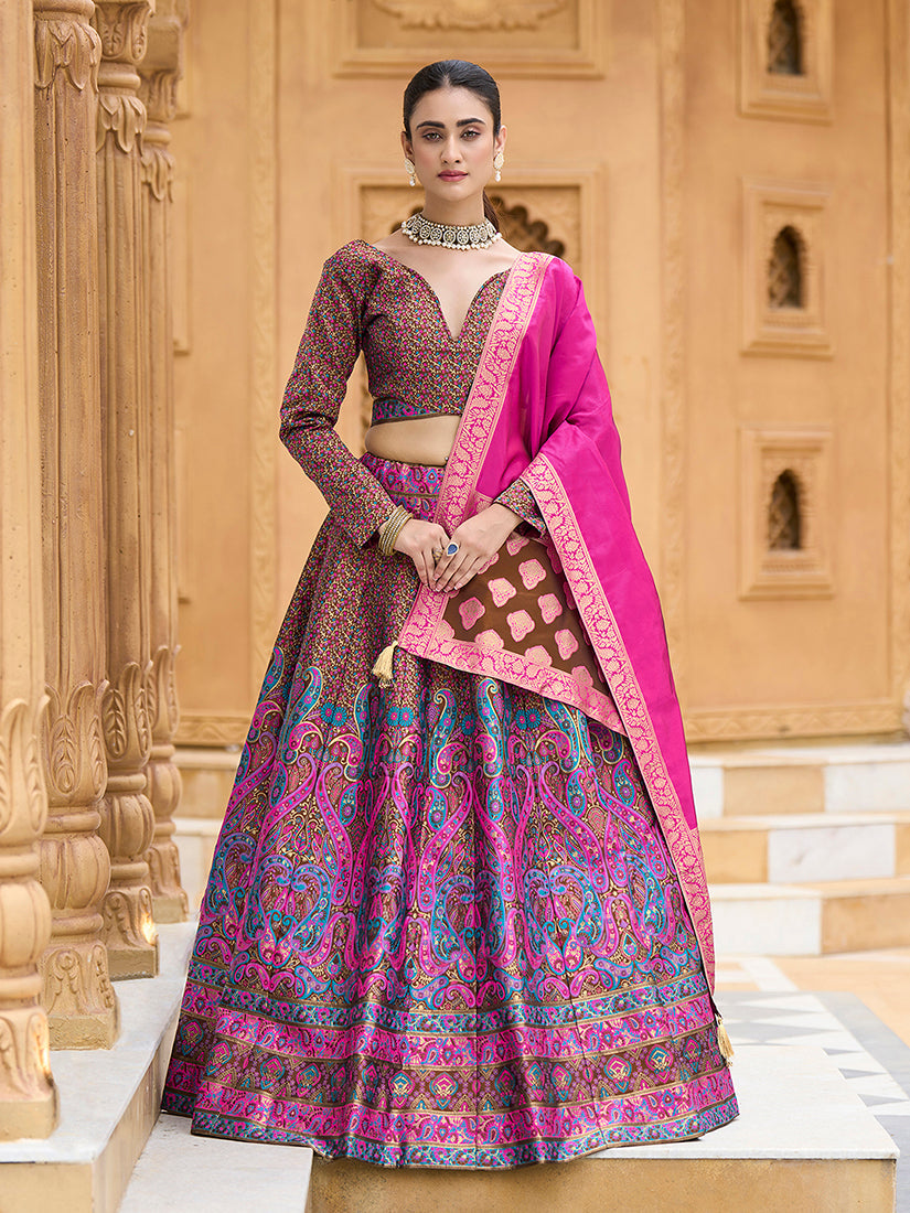 Monjolika Fashion Brown Kanjivaram Jacquard Designer Lehenga Choli For Ceremonial
