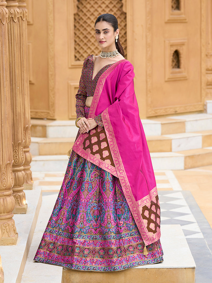 Monjolika Fashion Brown Kanjivaram Jacquard Designer Lehenga Choli For Ceremonial