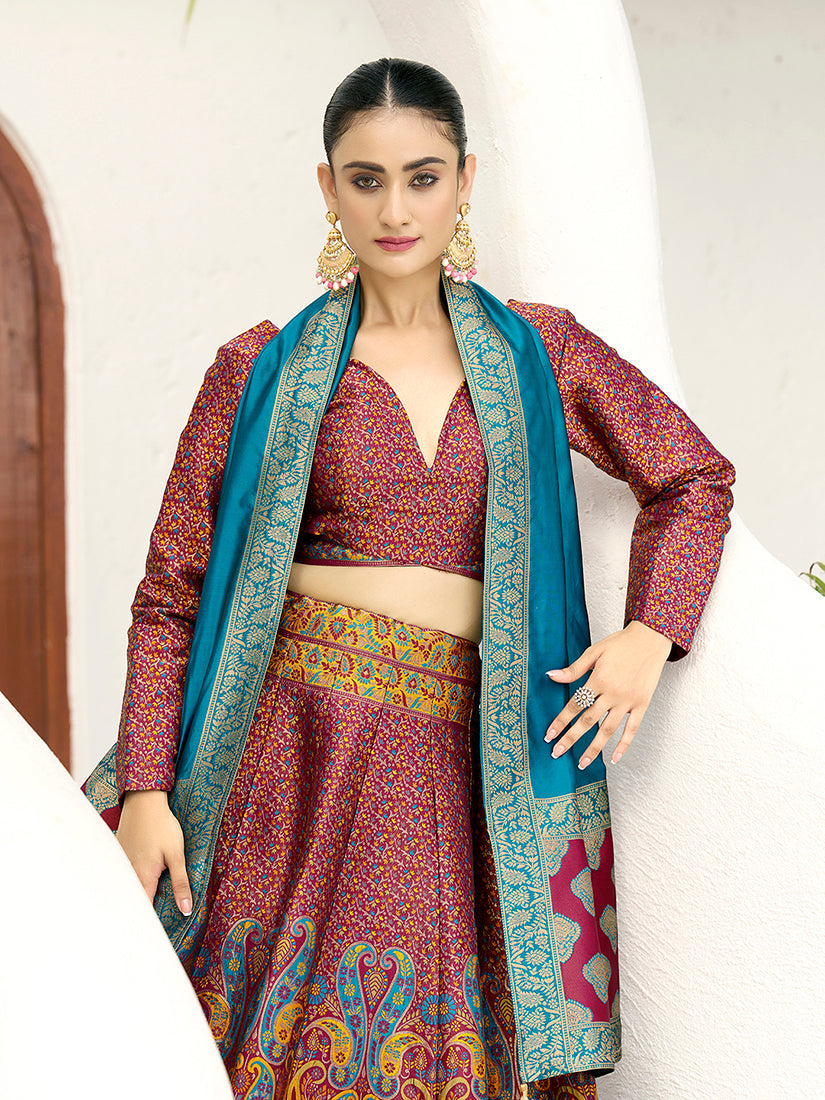 Monjolika Fashion Red Kanjivaram Jacquard Designer Lehenga Choli For Ceremonial