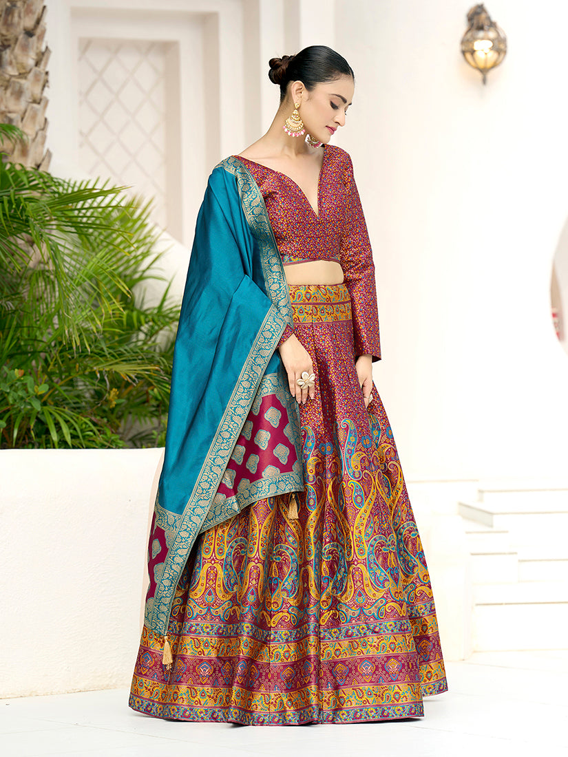 Monjolika Fashion Red Kanjivaram Jacquard Designer Lehenga Choli For Ceremonial