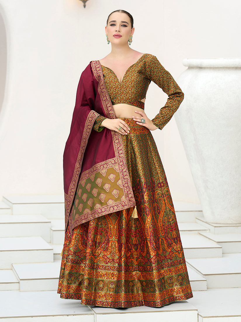 Monjolika Fashion Olive Kanjivaram Jacquard Designer Lehenga Choli For Ceremonial - Distacart