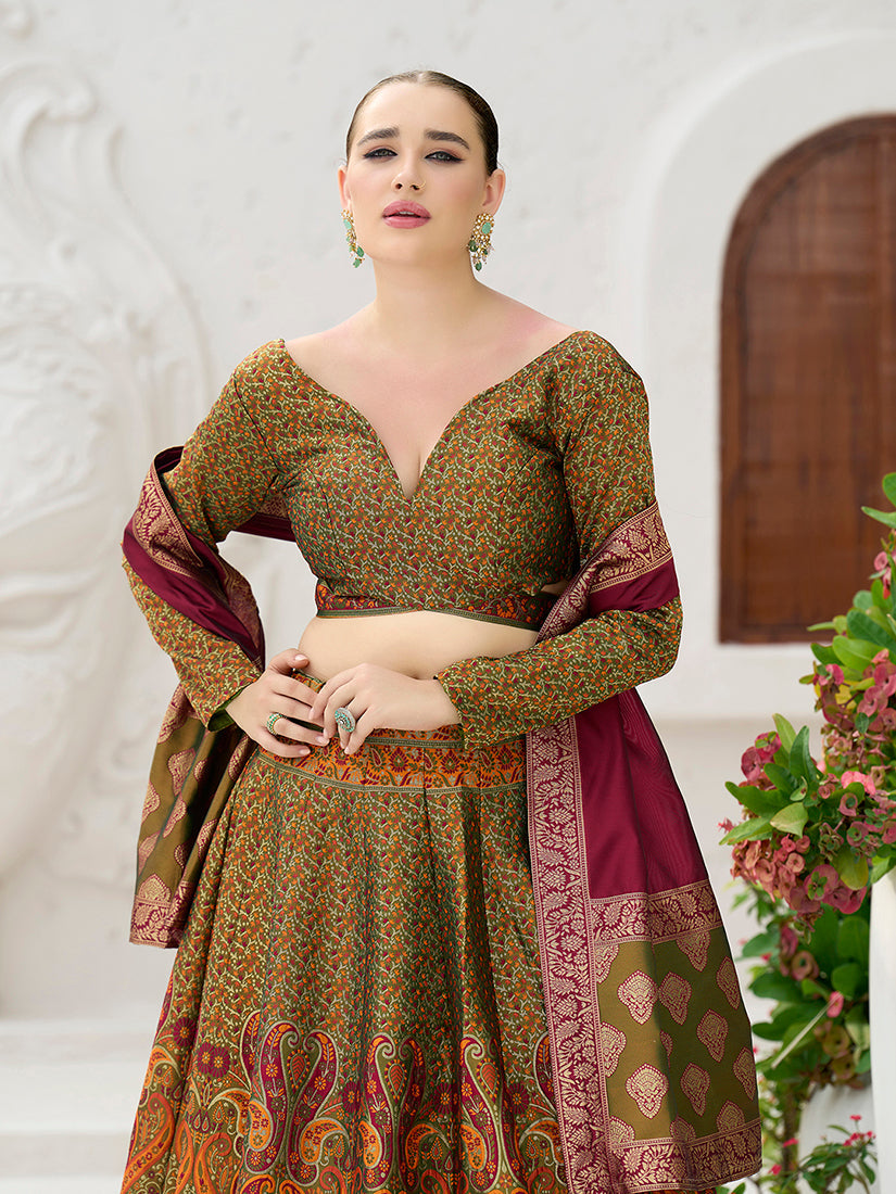 Monjolika Fashion Olive Kanjivaram Jacquard Designer Lehenga Choli For Ceremonial - Distacart