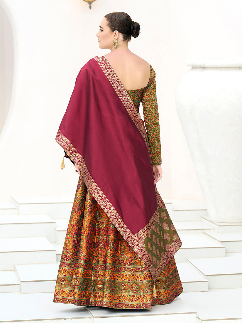 Monjolika Fashion Olive Kanjivaram Jacquard Designer Lehenga Choli For Ceremonial - Distacart