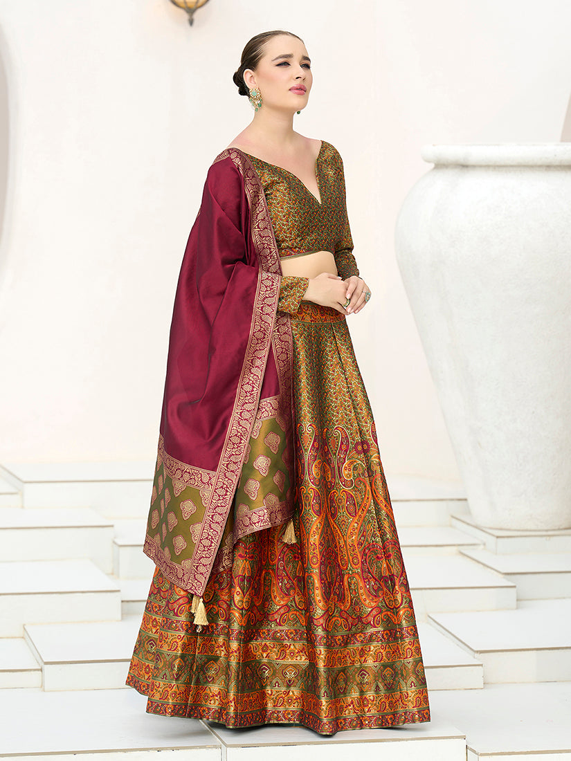Monjolika Fashion Olive Kanjivaram Jacquard Designer Lehenga Choli For Ceremonial - Distacart
