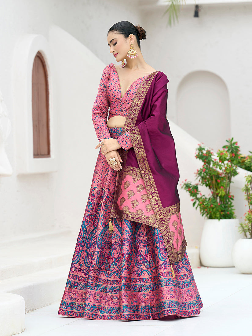 Monjolika Fashion Pink Kanjivaram Jacquard Designer Lehenga Choli For Ceremonial