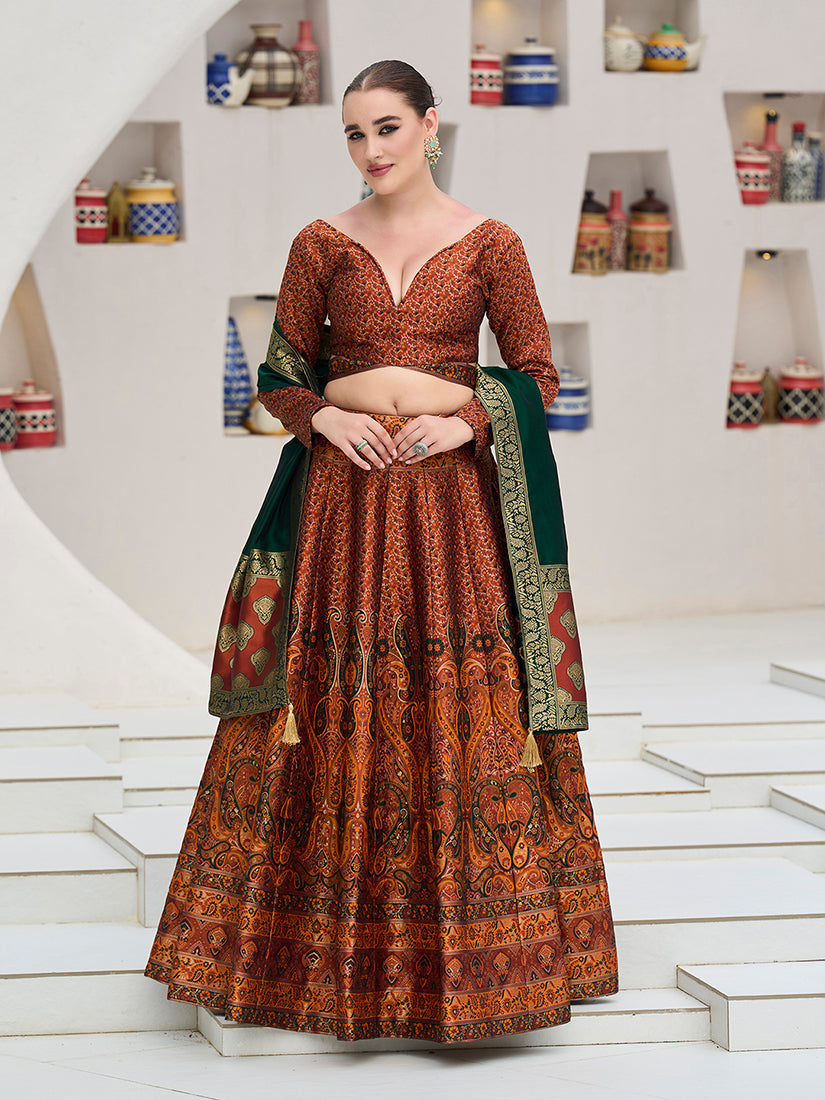 Monjolika Fashion Rust Kanjivaram Jacquard Designer Lehenga Choli For Ceremonial