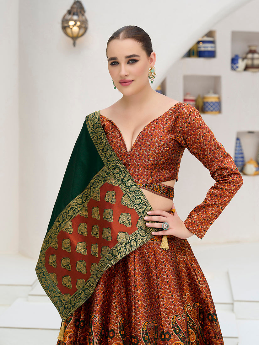 Monjolika Fashion Rust Kanjivaram Jacquard Designer Lehenga Choli For Ceremonial