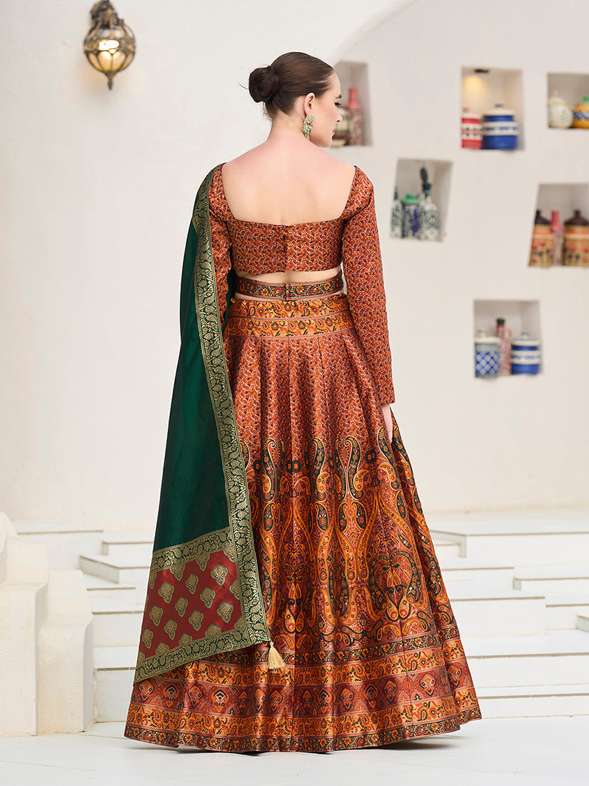Monjolika Fashion Rust Kanjivaram Jacquard Designer Lehenga Choli For Ceremonial