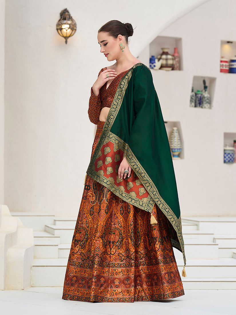Monjolika Fashion Rust Kanjivaram Jacquard Designer Lehenga Choli For Ceremonial
